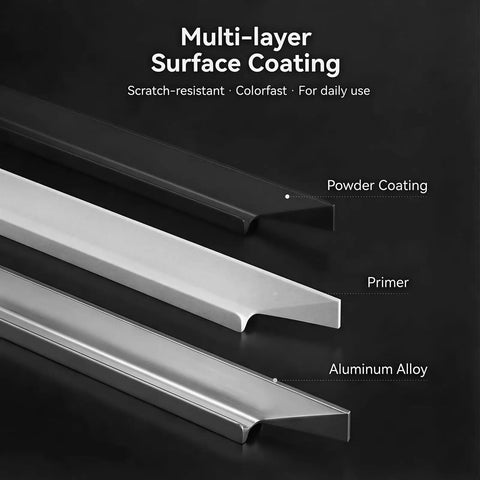 Multi-layer view of Matte Black Cabinet Handles 10 Pack 6 Inch Long Finger Pulls 96mm Center To Center Modern Kitchen Bathroom Hardware.