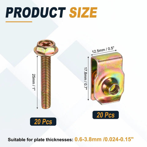 M4 Body Bolts And U Nuts Kit For Bumper And Fender Liner Replacement Manganese Steel U Retainer Fasteners 20 Piece Set For Easy No Fuss Car Body Fastening On Most Cars Durable Automotive Hardware. Product size diagram: M4 bolt 25mm, U-nut 17.8mm, 12.5mm wide