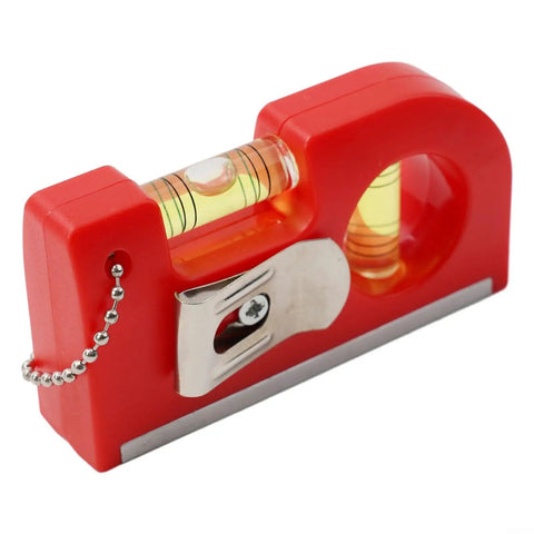 2-in-1 Pocket Level with Metal Chain for Construction and DIY Projects, red plastic design, horizontal and vertical vials visible.
