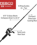 Go-To Spincast Reel And Telescopic Fishing Rod Combo With Extendable 22.5-Inch To 6-Foot E-Glass Pole Size 30 Reel