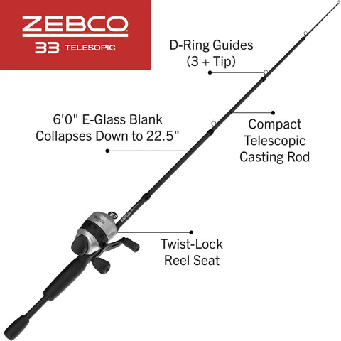 Go-To Spincast Reel And Telescopic Fishing Rod Combo With Extendable 22.5-Inch To 6-Foot E-Glass Pole Size 30 Reel