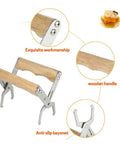 Beekeeping Frame Gripper and Frame Lifter Tool Stainless Steel Frame Holder With Wood Handle, anti-slip bayonet detail.