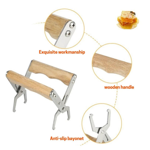 Beekeeping Frame Gripper and Frame Lifter Tool Stainless Steel Frame Holder With Wood Handle, anti-slip bayonet detail.