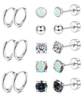 Hypoallergenic Surgical Steel Earrings For Sensitive Ears, Unisex Stud Hoop With Opal And AAA Cubic Zirconia, flat back stud and hoop set