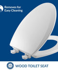 Bemis wood elongated toilet seat, cotton white, lift-off hinges, side view