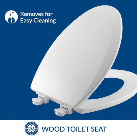 Bemis wood elongated toilet seat, cotton white, lift-off hinges, side view