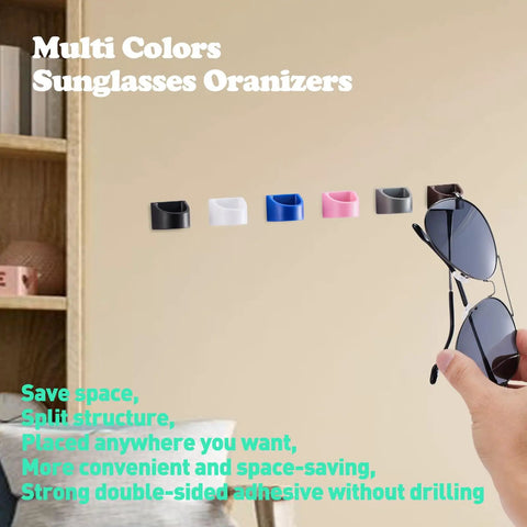 Six Pack Sunglasses And Eyewear Organizer Glasses Holder For Sunglasses And Reading Glasses Space Saving Wall Mount or Desk Rack in Black, multicolor options displayed on wall.