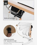 Mobile Height Adjustable Standing Desk With Sturdy Silent Rolling Casters And Flexible Tray Surface features adjustable tilt and mobile handle.