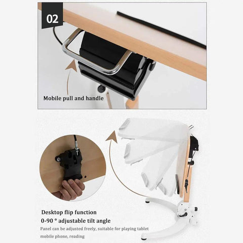 Mobile Height Adjustable Standing Desk With Sturdy Silent Rolling Casters And Flexible Tray Surface features adjustable tilt and mobile handle.