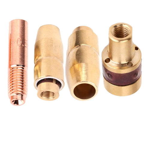 Close-up of Mig Welding Gun Accessory Kit 0.030 Inch For M-10 M-15 H-9 H-10 Welders, featuring brass nozzles and contact tips