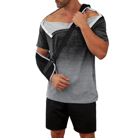 Man wearing Post Op Shoulder Surgery Shirt For Men With Easy Snap Front And Tear Away Design Gradient Short Sleeve Cozy Knit Tee