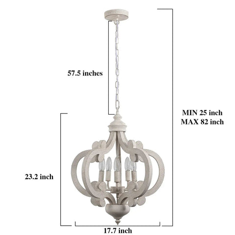 White French Country Five Light Chandelier With Antique Distressed Wood Cozy Farmhouse Rustic Pendant Light dimensions displayed