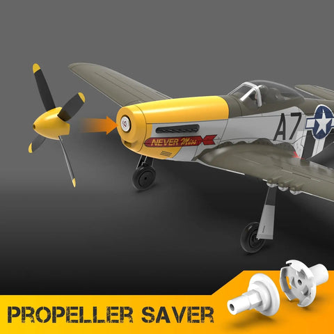 P51 Mustang RC Plane With Brushless Motor, 4 Channel Flight, XPilot Stabilizer, propeller saver feature, side view.