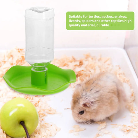 Automatic Reptile Water Feeder For Lizards Turtles And Geckos Tank Gravity Self Filling Bowl on green base with clear water bottle.