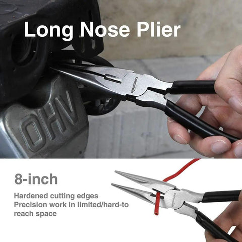 Versatile Pliers Set For DIY Home Maintenance Including 8 Inch Needle Nose Pliers used for precise grip on metal object