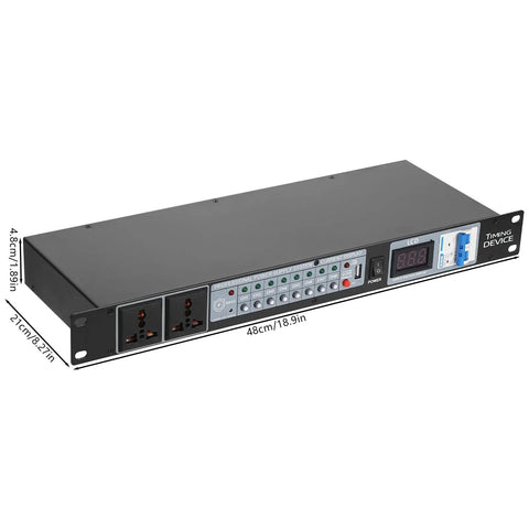 Hella Reliable 10 Outlet Power Sequencer Conditioner With 2000 Watt Surge Protection For Pro Audio Studios And Home Theater Digital Voltmeter Display Plus Quick Charge USB Ports Built Tough To Eliminate Gear Killers front view with LCD display and USB ports