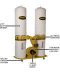 Heavy Duty Industrial Dust Collector With A Three Horsepower Motor And Thirty Micron Bags TurboCone Steel Impeller showing dual 10 cu. ft. filter bags.