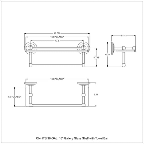Technical drawing of Oil Rubbed Bronze Gallery Towel Bar With 16 Inch Glass Shelf, Tempered Glass, Concealed Mounting.