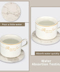 6 Pack White Marble Coaster Set With Holder absorbent test with cup on ceramic coaster showing no water rings