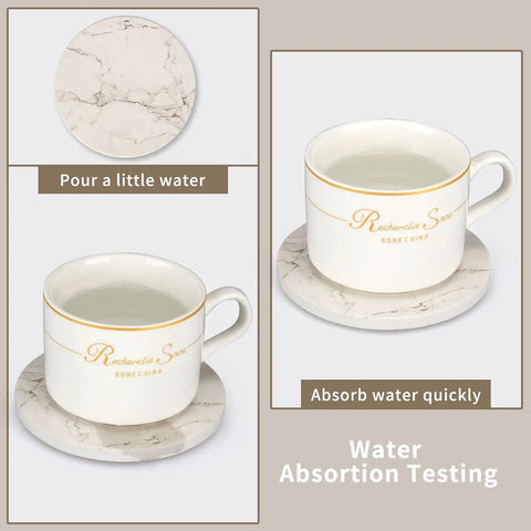 6 Pack White Marble Coaster Set With Holder absorbent test with cup on ceramic coaster showing no water rings