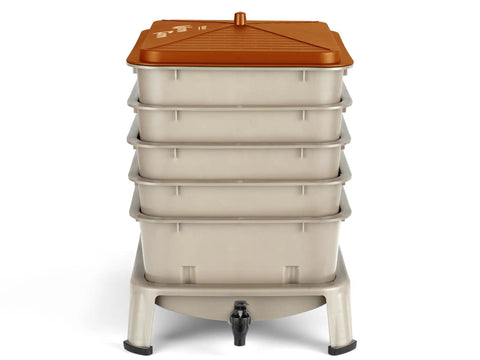 Front view of Five Tray Worm Compost Bin 53 Quart Vermicompost System For Indoor And Outdoor Use with gold lid and durable design.