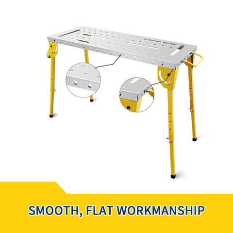 Hella Badass Portable Welding Table With Adjustable Height and Three Angle Positions Folding Workbench On Wheels 500 Pound Capacity Sturdy Steel Platform with slotted surface.