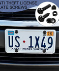 Heavy Duty Anti Theft License Plate Screws Kit Featuring Hella Tight Rustproof Stainless Steel Bolts and tamper proof caps used on car plate.