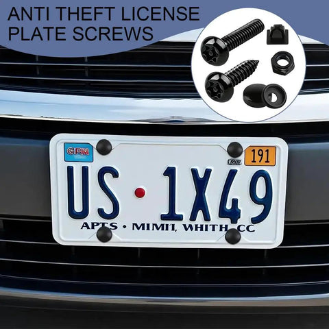 Heavy Duty Anti Theft License Plate Screws Kit Featuring Hella Tight Rustproof Stainless Steel Bolts and tamper proof caps used on car plate.