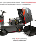 Ready To Roll Ride On Industrial Floor Sweeper Packaged With Long Life Lithium Battery And Grip Tight Solid Tires For No Sweat Hard Core Trash Collection At Warehouses. Close-up of industrial sweeper with 26-gallon dust capacity.