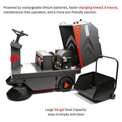 Ready To Roll Ride On Industrial Floor Sweeper Packaged With Long Life Lithium Battery And Grip Tight Solid Tires For No Sweat Hard Core Trash Collection At Warehouses. Close-up of industrial sweeper with 26-gallon dust capacity.