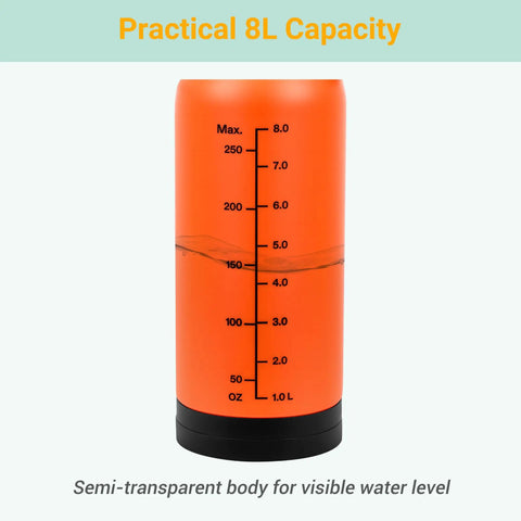 All In One Portable Shower For Camping Surf And Beach Use Two Point One Gallon Tank With Ten Spray Modes pressurized tank in orange