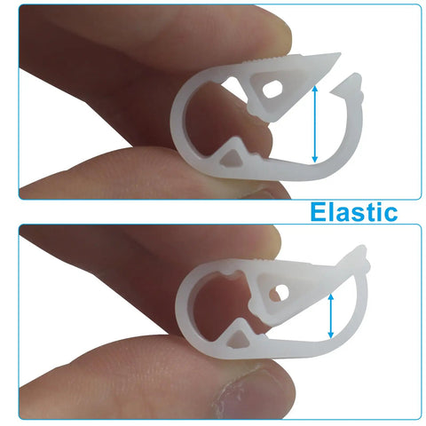 Pack Of 5 Plastic 1/8 To 1/4 Inch Tubing Hose Clamps For No-Fuss Adjustable Flow Control In The Lab, close-up of elastic white clamp