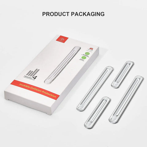 Product packaging of Clear Silicone Furniture Bumpers Stick On Wall Protectors for Cabinets Doors Drawers Cars and Shower Panels Pack Includes 2 Long and 2 Short Bumpers 4 Pieces.