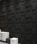 Black 3D Wall Panels With Raised Rectangle Texture For Modern Interiors on living room wall, sleek matte finish