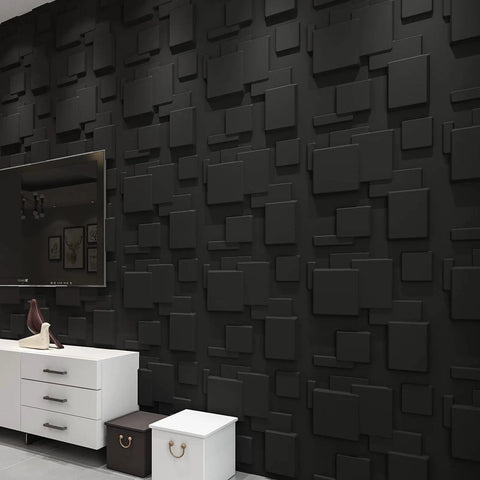 Black 3D Wall Panels With Raised Rectangle Texture For Modern Interiors on living room wall, sleek matte finish