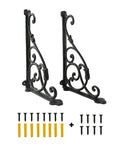 Heavy Lifters Cast Iron Shelf Brackets 2 Pack Wall Mounted Vintage Decorative Supports With Antique Black Finish and complete hardware.