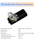 Close-up of D2 double wire plug in connector for low voltage LED strip lights. Used for 18-22 AWG wires, quick splice with locking buckle.