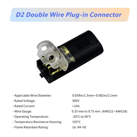 Close-up of D2 double wire plug in connector for low voltage LED strip lights. Used for 18-22 AWG wires, quick splice with locking buckle.
