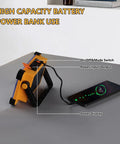 Rechargeable Solar Powered 120W LED Work Light with power bank use charging a phone on a table, showing power display