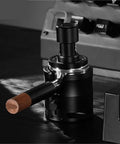Legit Reliable Adjustable Espresso Tamper Station With Grippy Silicone Bottom And Raised Frame To Hold Back Spilled Grounds Straight Game Changer For Daily Home Roast Crews, featuring a sleek wood-handled design.