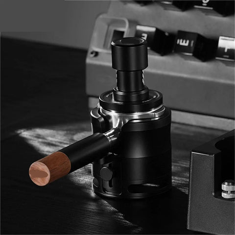 Legit Reliable Adjustable Espresso Tamper Station With Grippy Silicone Bottom And Raised Frame To Hold Back Spilled Grounds Straight Game Changer For Daily Home Roast Crews, featuring a sleek wood-handled design.