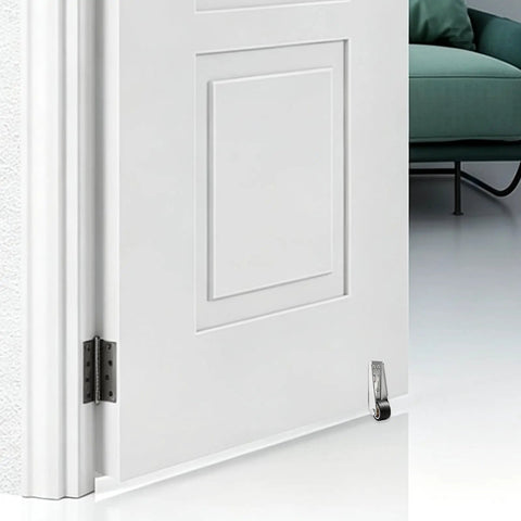Low Profile Door Bottom Rollers, Anti Sag Repair Kit With Three Tough Steel Wheels mounted on a white door frame.