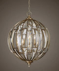 Six Light Burnished Silver Champagne Leaf Iron Pendant With Beveled Crystal Droplets, round shape, featuring multiple light bulbs.