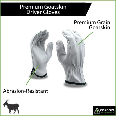 Premium Grain Goatskin Driver Gloves 12 Pack Unlined With Shirred Elastic Back And Keystone Thumb Large Brown Abrasion Resistant Work Gloves For Grippy Feel And Solid Grip, front and back view showing design details.