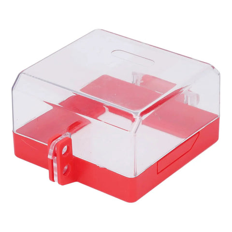 Emergency Stop Cover Lockout Protector with transparent polycarbonate shell and mounting hardware, red base, heavy-duty impact resistant.