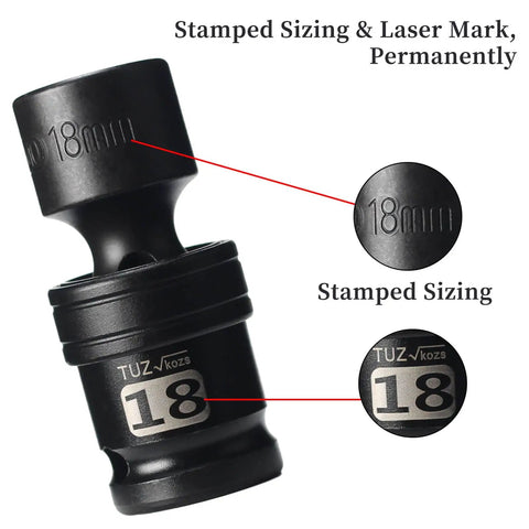 Half Inch Drive 18mm Metric Shallow Universal Swivel Impact Socket 6 Point CR MO Chrome Moly For Heavy Duty Auto Tools Built Tough Premium Impact Grade Chrome Finish With 360 Degree Flexible Reach, stamped 18mm size