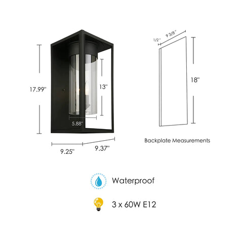 Matte Black Outdoor Wall Lantern With Clear Glass And LED Dimmable Lighting, Weatherproof Sconce dimensions and waterproof icon