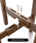Assembly detail of Dope Mid Century Plant Stand Made from Solid Acacia Wood, adjustable mechanism for 8 to 12 inch pots, dark brown finish