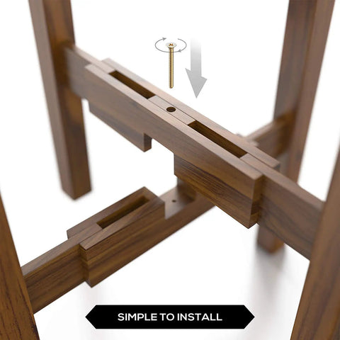 Assembly detail of Dope Mid Century Plant Stand Made from Solid Acacia Wood, adjustable mechanism for 8 to 12 inch pots, dark brown finish