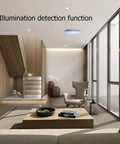 Modern living room with Zigbee 24GHz MmWave Presence Sensor With Body Motion And Static Detection, Luminance Sensing, 16A Relay on ceiling